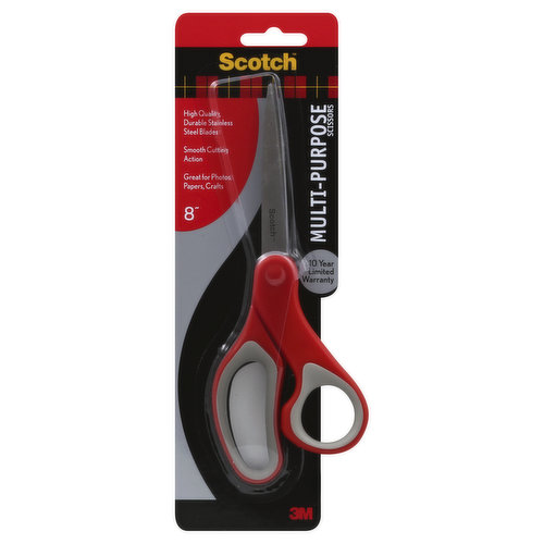 Scotch Multi-Purpose Scissors, 8" Long, 3.38" Cut Length, Gray/Red Straight Handle