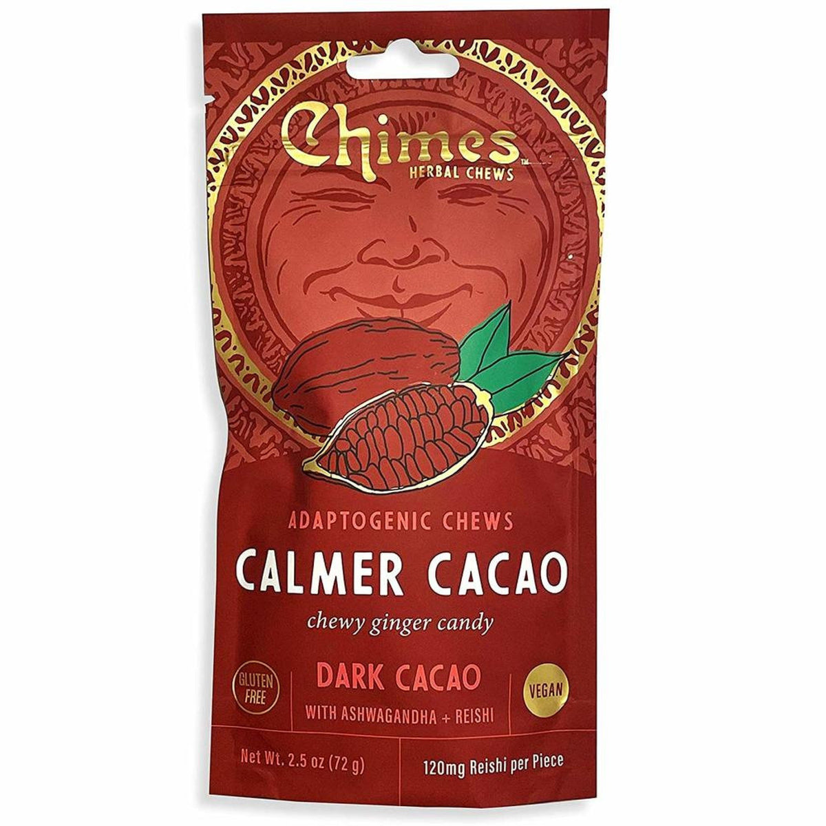 Chimes Calmer Cacao Adaptogen Ginger Chews Candy With Ashwagandha, Reishi, Dark Cacao And Theobromine 2.5 Oz Bag