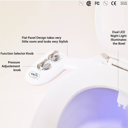 Aim To Wash! Chrome Series Bidet Attachment, Toilet Night Light, Quick Release, Dual Nozzles, Self Cleaning