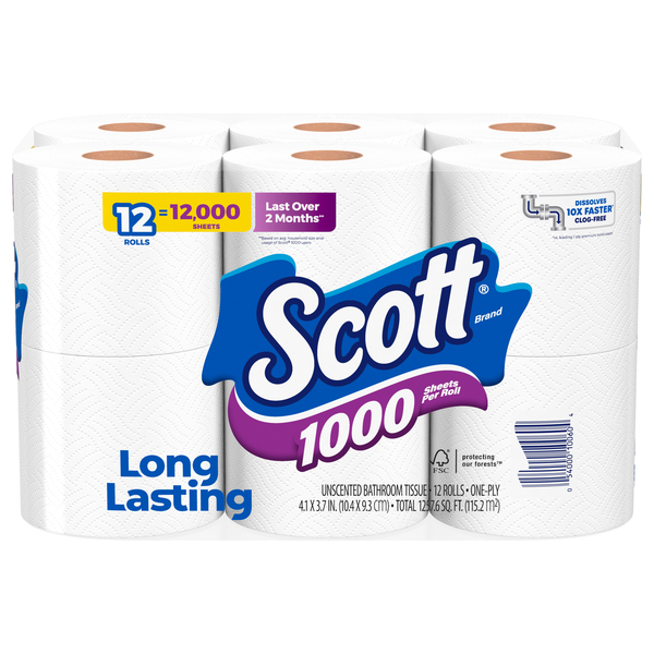 Scott 1000 Sheets Per Roll Toilet Paper, 12 Rolls, Bath Tissue