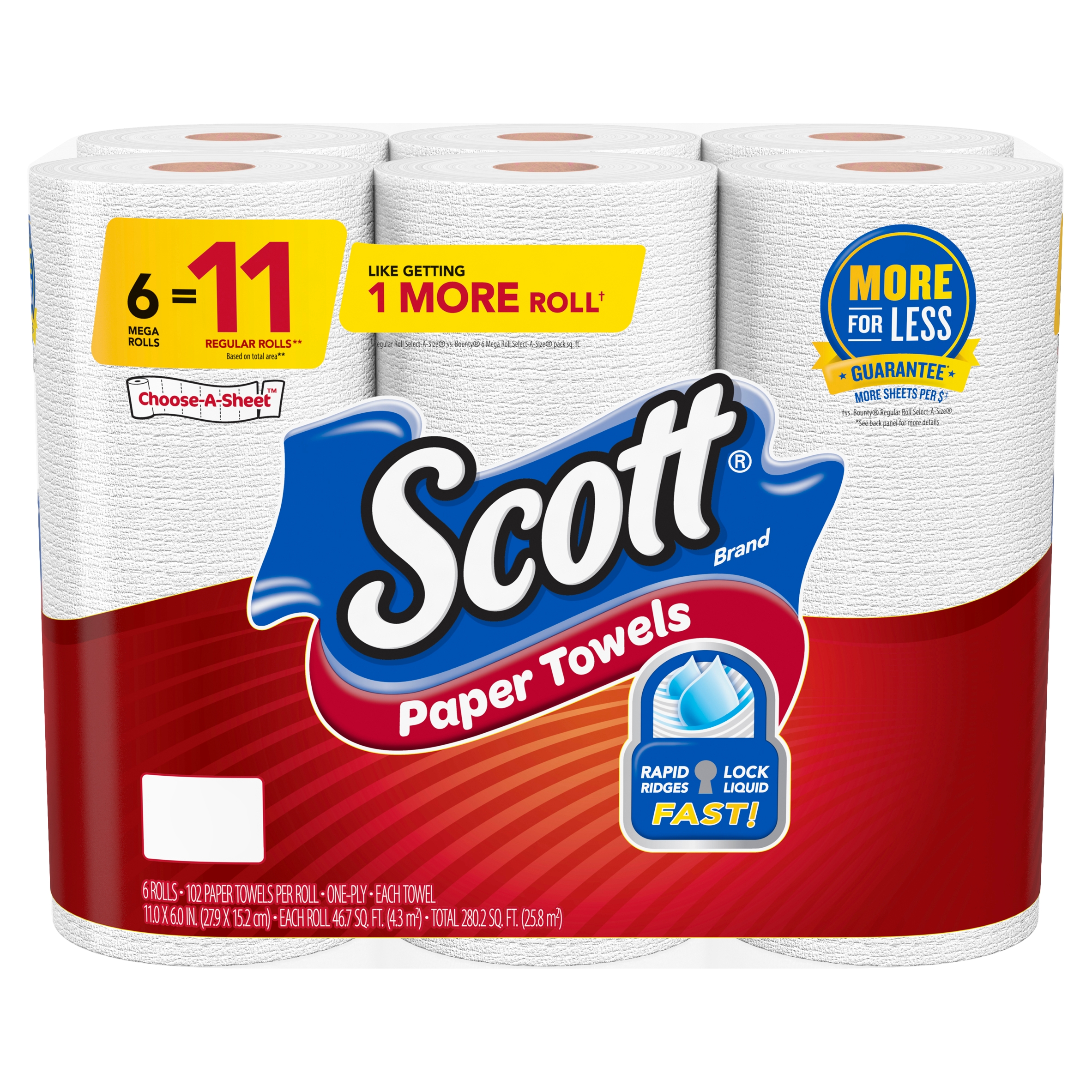 Scott Mega 1-Ply Choose-A-Size Paper Towels, 102 Sheets Per Roll, Pack Of 6 Rolls