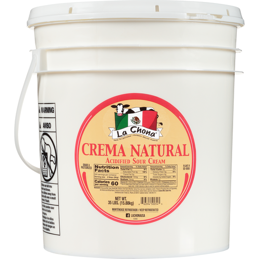 La Chona Crema Natural Acidified Sour Cream 35 Lb. Pail