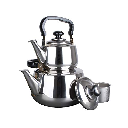Aramco Alpine Cuisine Double Stainless Steel Stove Top Tea Kettle Set With Loose Leaf Strainer For Traditional Turkish Tea, Silver