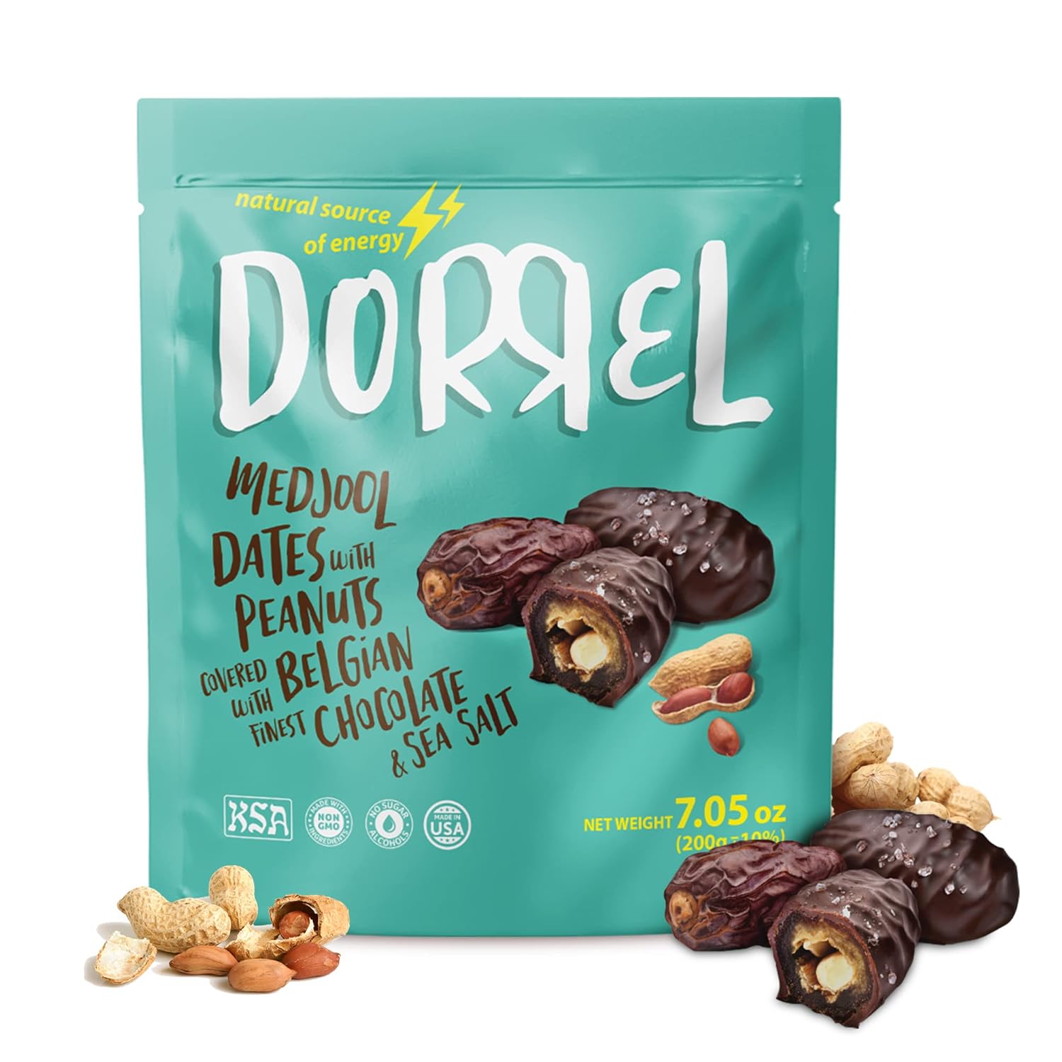 Dorrel Belgian Dark Chocolate Covered Medjool Dates Stuffed With Salted Peanuts, High-Energy Source, Nutritious And Sweet Snacks, Non-GMO, Kosher, 1