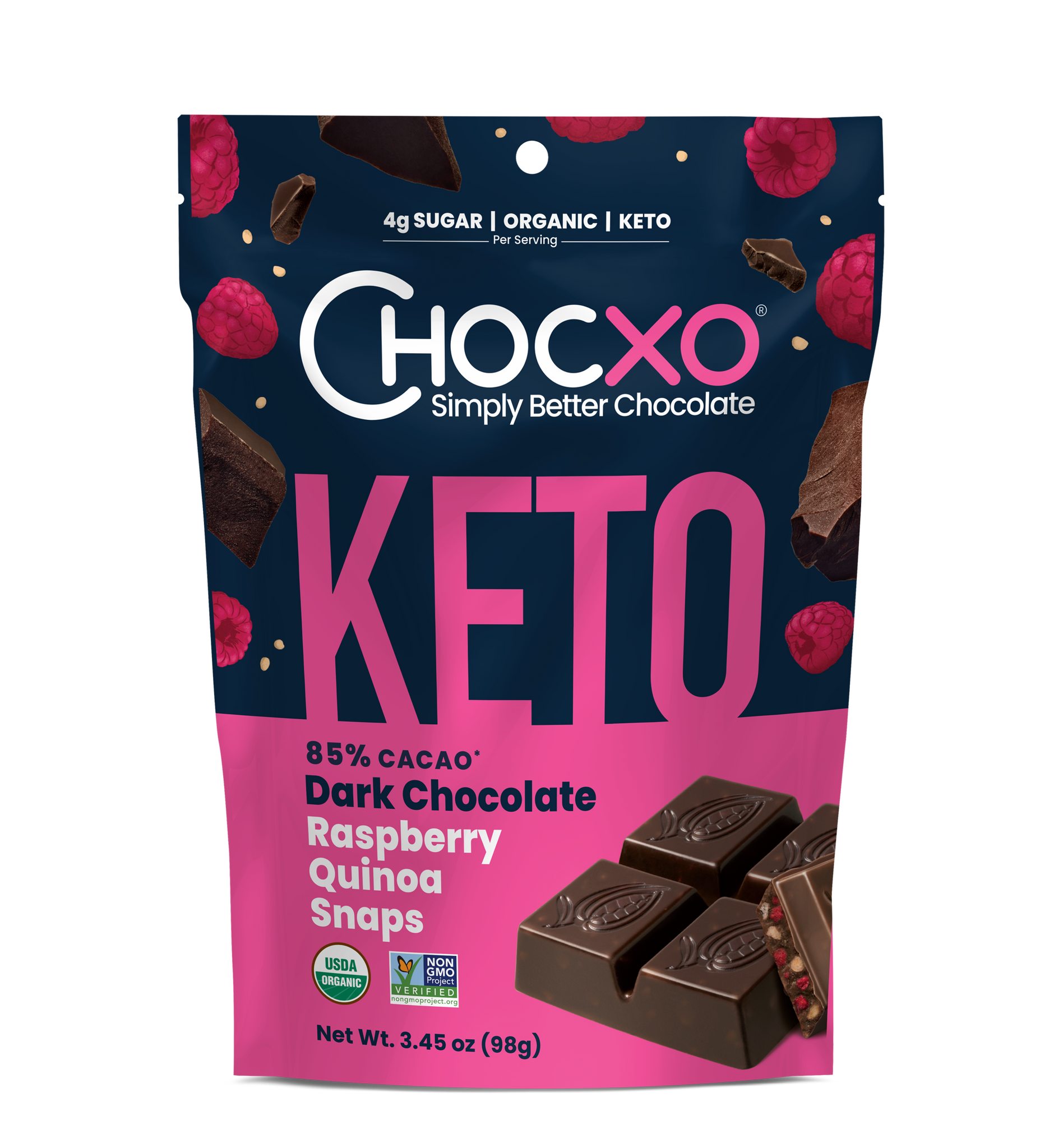 ChocXo Keto Organic Raspberry Quinoa Snaps Dark Chocolate 3.45 Oz