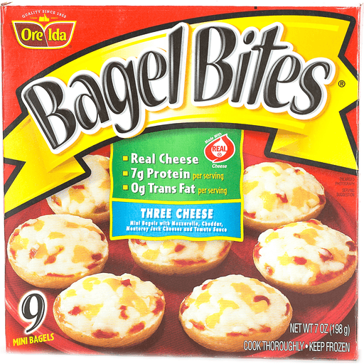 Bagel Bites Pizza Snacks Three Cheese Mini Bagels, Frozen Appetizer, 9 Ct 7.0 Oz Box