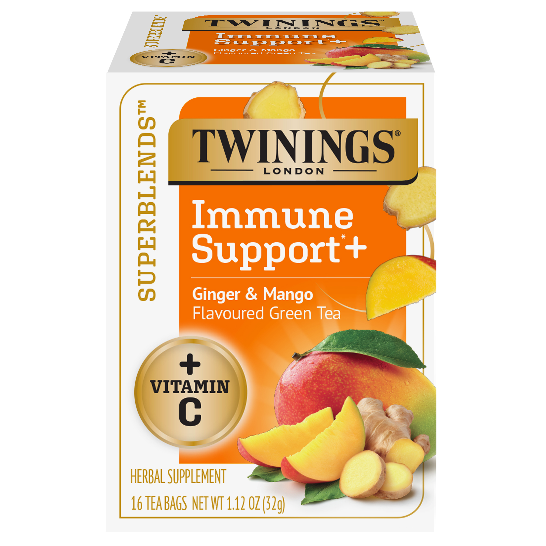 Twinings Green Tea, Immune Support +, Ginger & Mango, Tea Bags