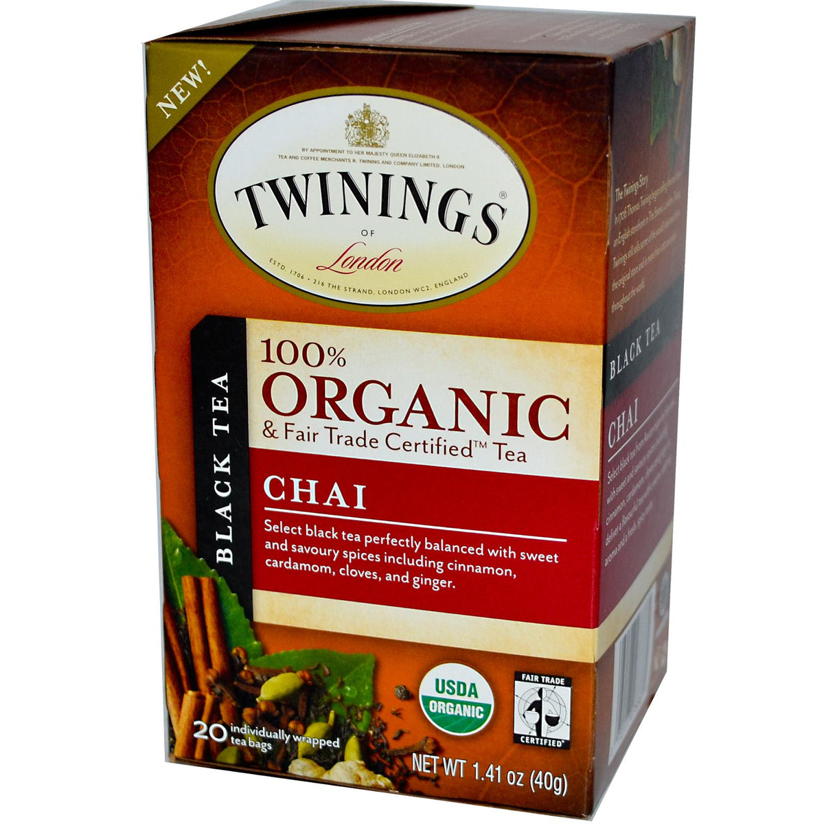 Twinings 100% Organic Black Tea, Chai, 20 Tea Bags, 40 G