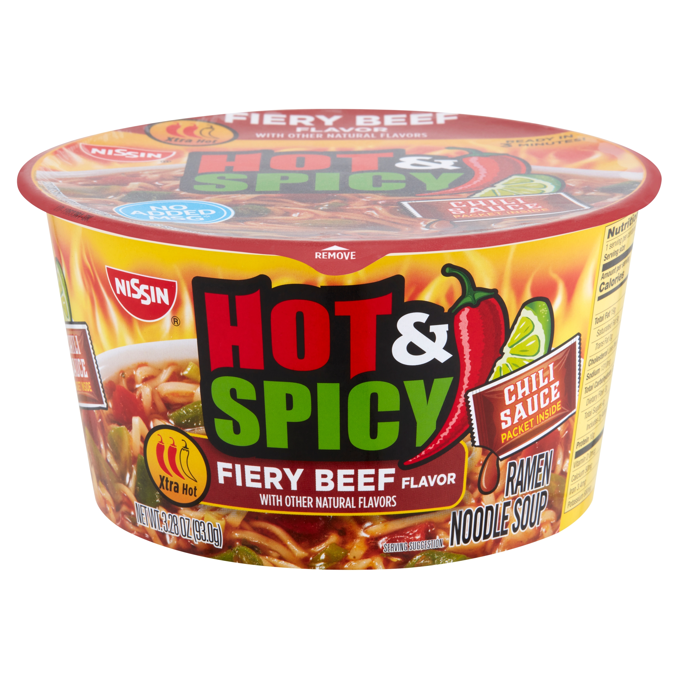 Nissin Hot & Spicy Fiery Beef Flavor Ramen Noodle Soup 3.28 Oz. Bowl