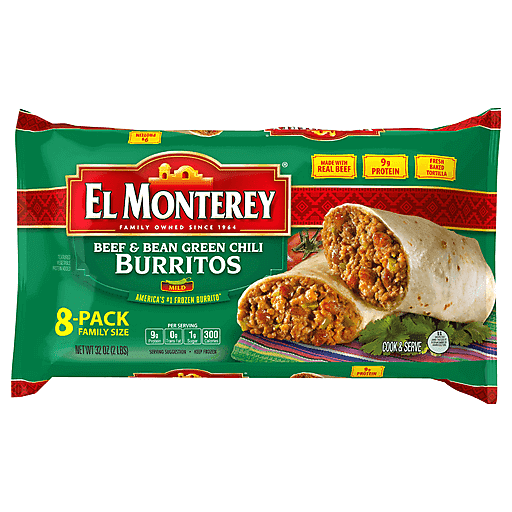El Monterey Burritos, Mild, Beef & Bean Green Chili, Family Size, 8 Pack
