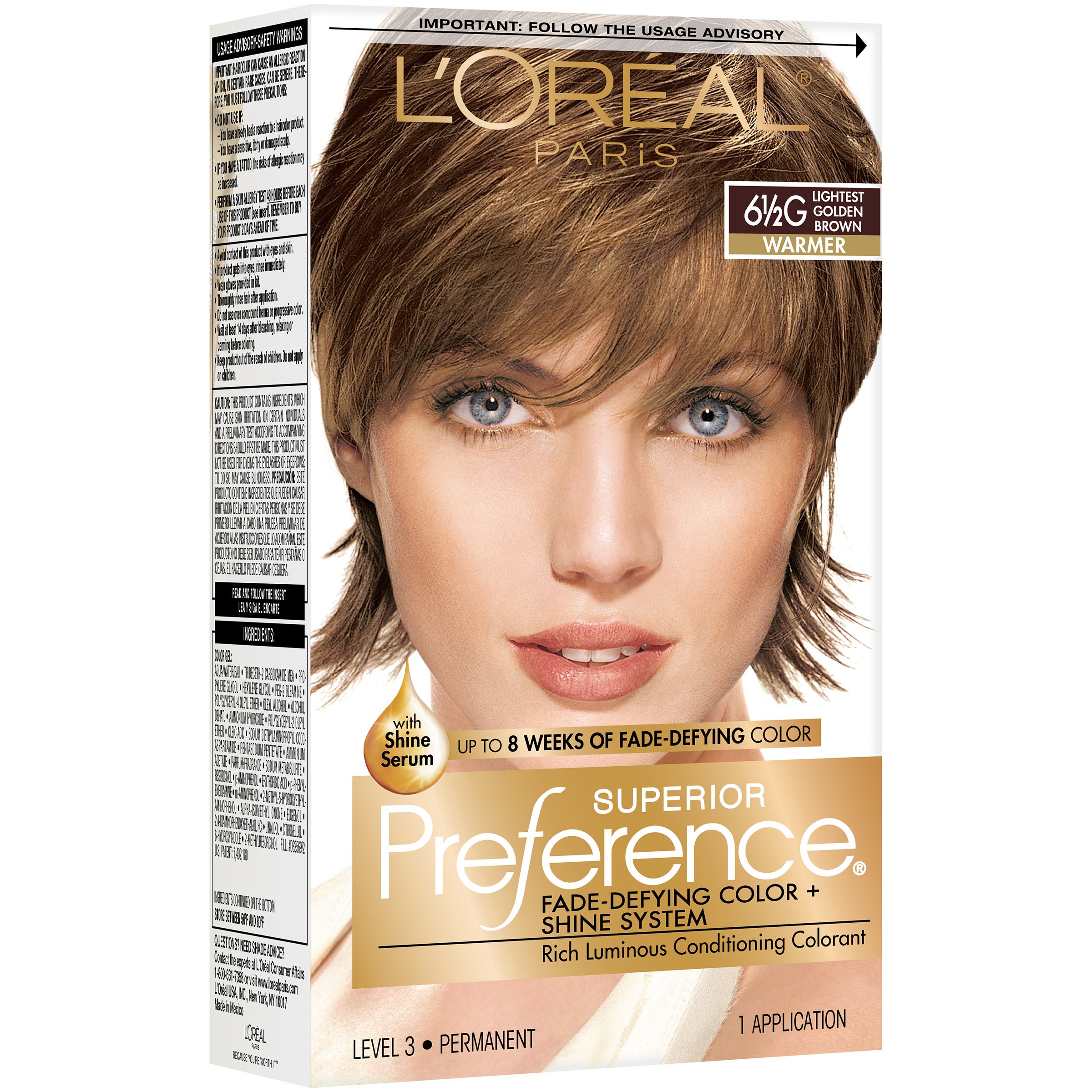 Superior Preference L'Oreal Paris Fade-Defying Shine Permanent Hair Color, 6.5G Lightest Golden Brown, 1 Kit