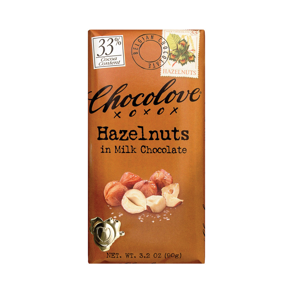 Chocolove Hazelnuts In Milk Chocolate Bar 33% Cocoa 90g