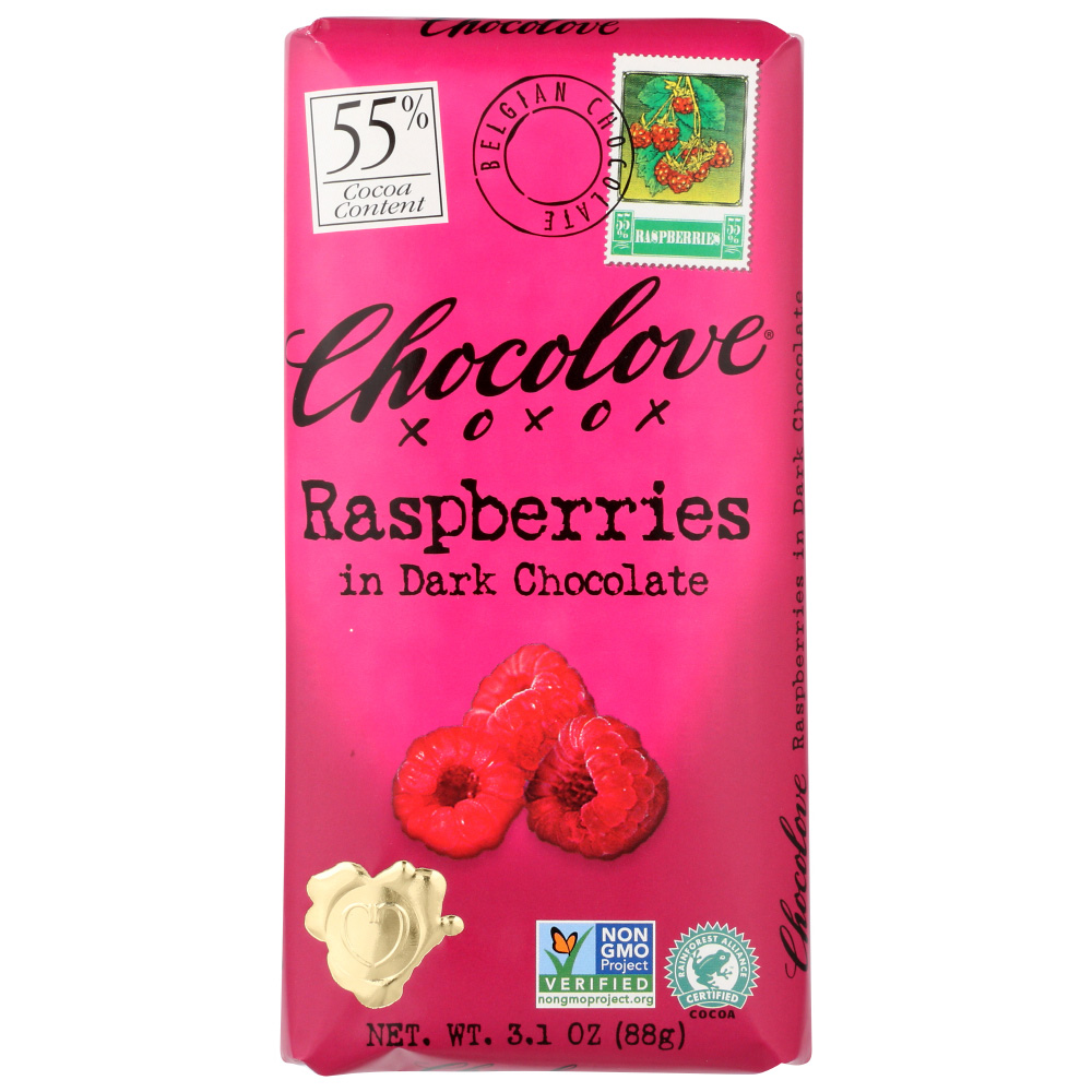 Chocolove Raspberries, In Dark Chocolate, 55% Cocoa 3.1 Oz