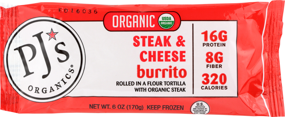 PJs Organics Organic Steak & Cheese Burrito, 6 Oz