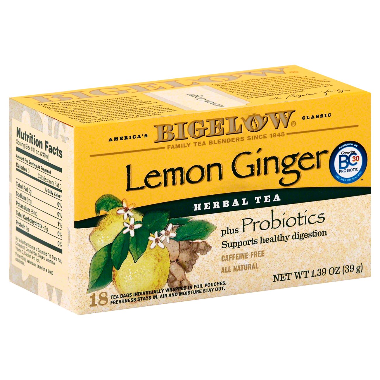 Bigelow Herb Plus Lemon Ginger Herbal Tea Bags 1.39 Oz. Box
