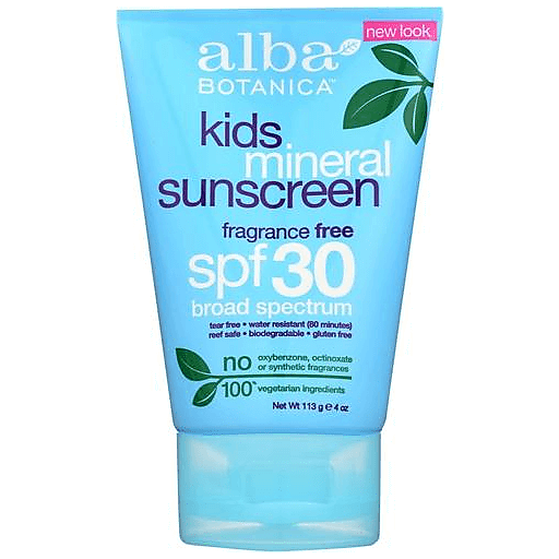 Alba Botanica Fragrance Free Broad Spectrum SPF 30 Kids Mineral Sunscreen Lotion 4 Oz. Tube