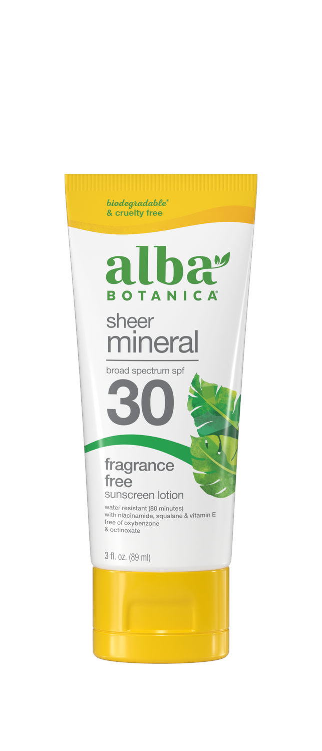 Alba Botanica Fragrance Free Broad Spectrum SPF 30 Sensitive Mineral Sunscreen Lotion 4 Oz. Tube