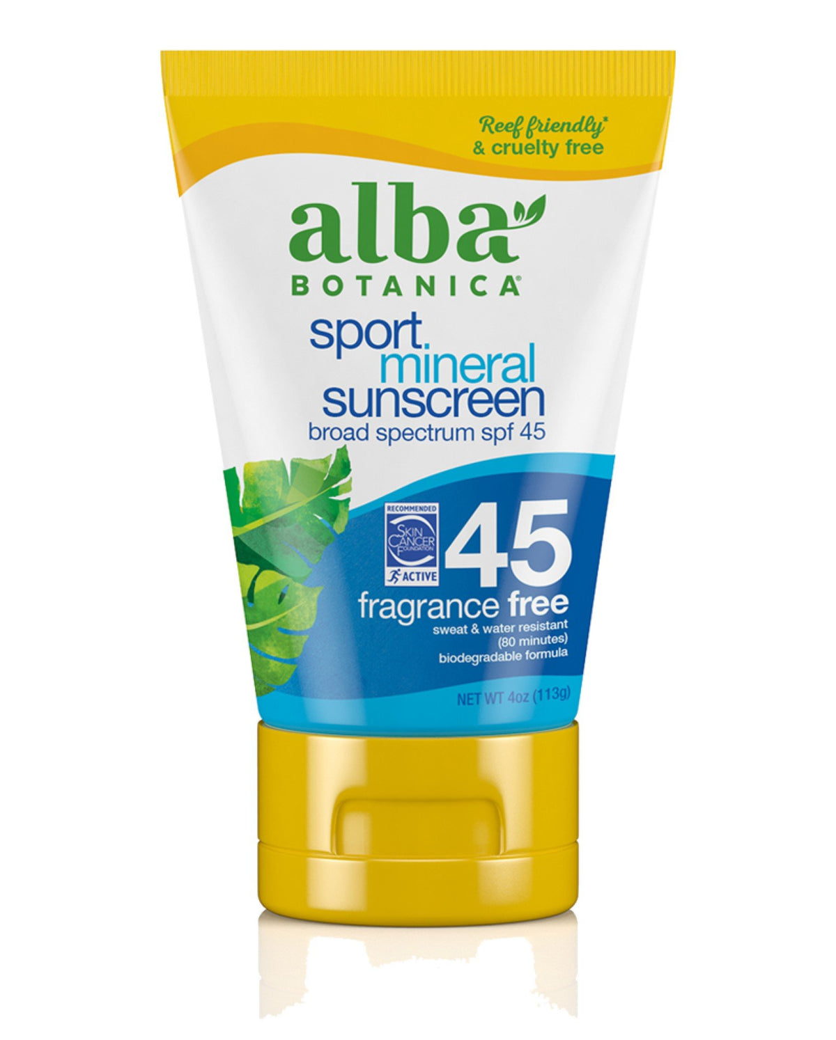 Alba Botanica Fragrance Free Broad Spectrum SPF 45 Sport Mineral Sunscreen Lotion 4 Oz. Tube