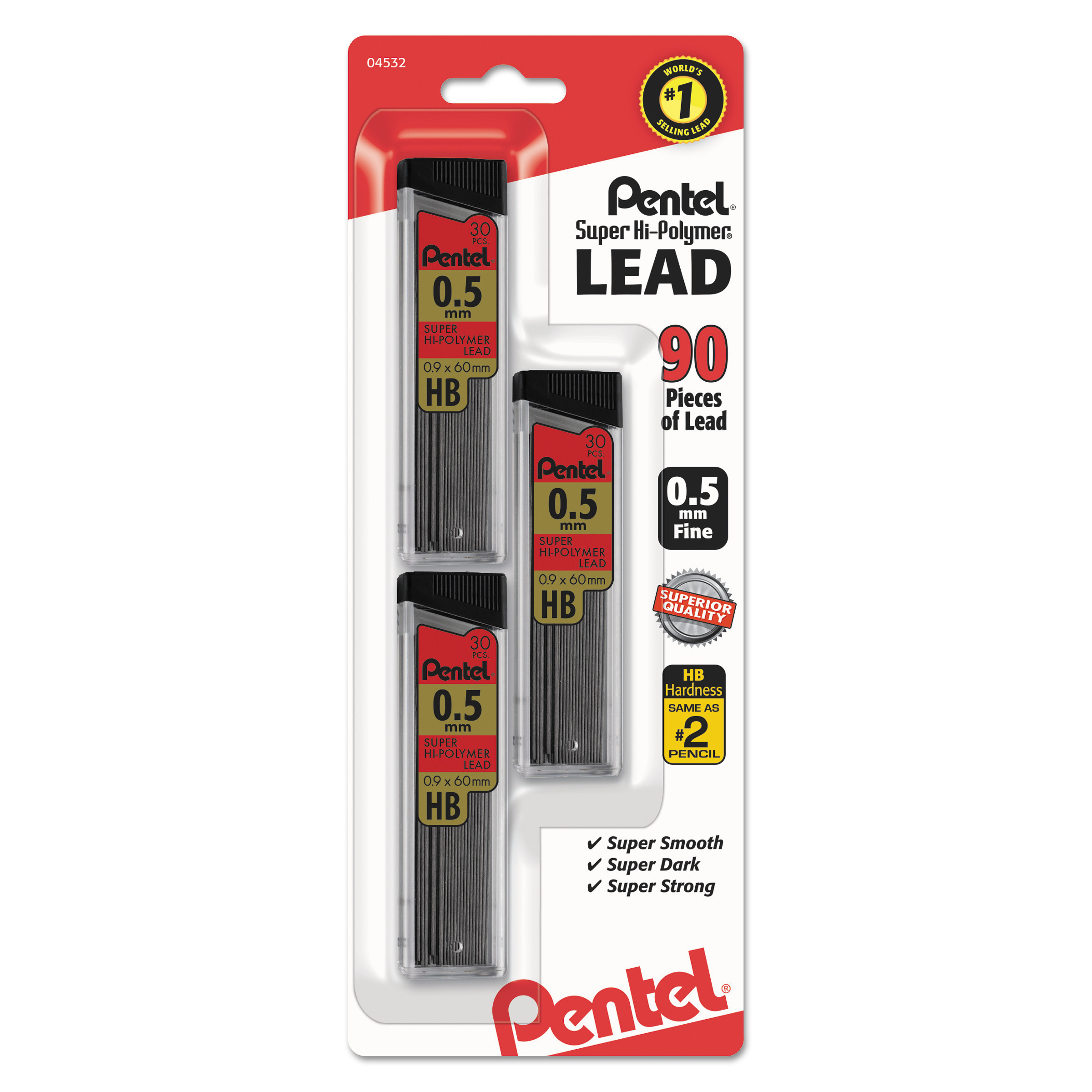 Pentel Super Hi-Polymer Lead Refills, 0.7 Mm, HB, Black, 30/Tube, 3 Tubes/Pack