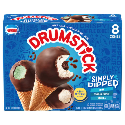 Drumstick Simply Dipped 8 Pack Mint/Vanilla Fudge/Vanilla Frozen Dairy Dessert Cones