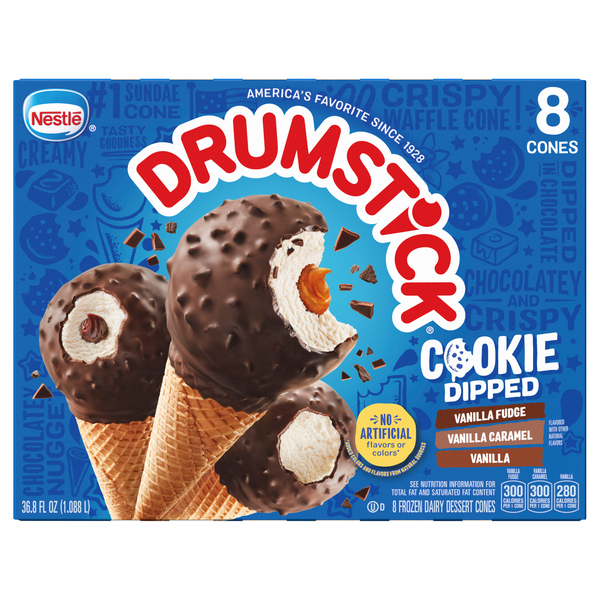 Drumstick Cookie Dipped 8 Pack Vanilla/Vanilla Fudge/Vanilla Caramel Frozen Dairy Dessert Cones