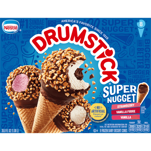 Drumstick 8 Pack Super Nugget Strawberry/Vanilla Fudge/Vanilla Frozen Dairy Dessert Cones