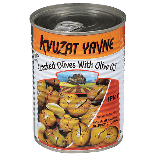 Kvuzat Yavne Kosher Cracked Olives With Olive Oil Spicy 19 Oz