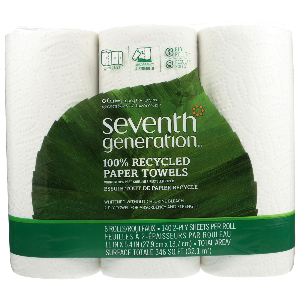 Seventh Generation GenerationSeventh 2-Ply Paper Towels, 100% Recycled, 140 Sheets Per Roll, Pack Of 6 Rolls