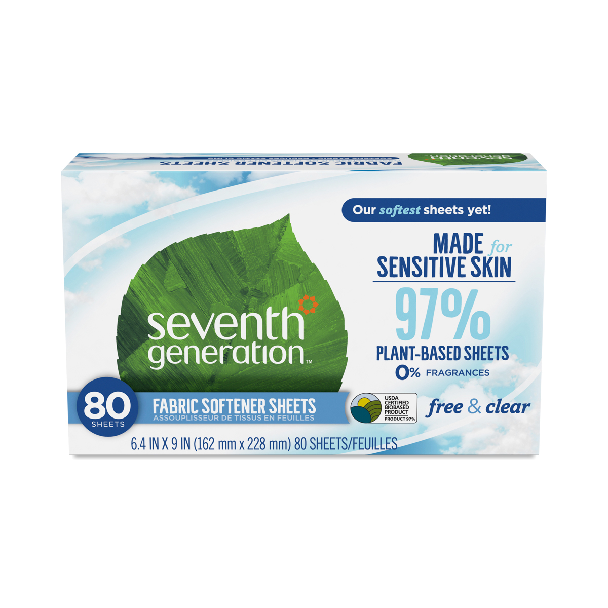 Seventh Generation Natural Fabric Softener Sheets, Free & Clear, 80/Box, 12 Box/Carton