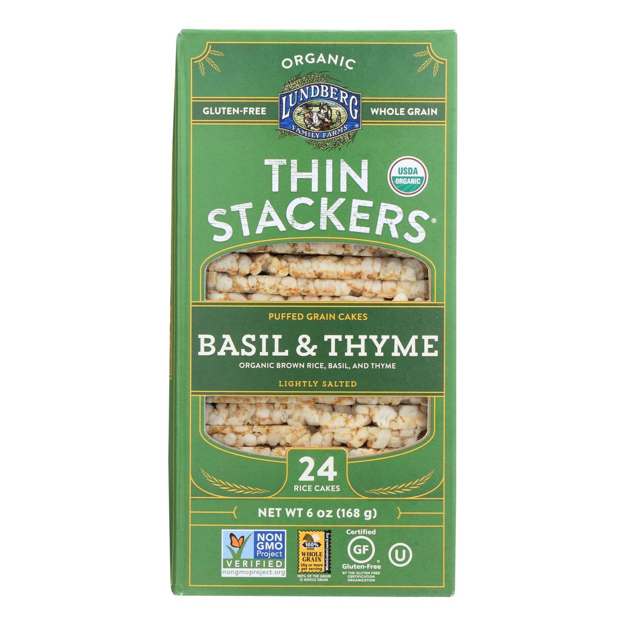 Lundberg Family Farms Thin Stackers Organic Basil & Thyme Puffed Grain Cakes 6 Oz. Box