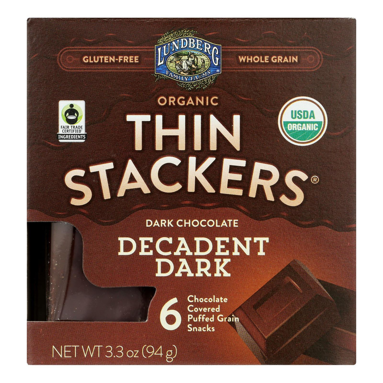 Lundberg Family Farms Organic Decadent Dark Chocolate Thin Stackers, 3.3 Ounce -- 6 Per Case