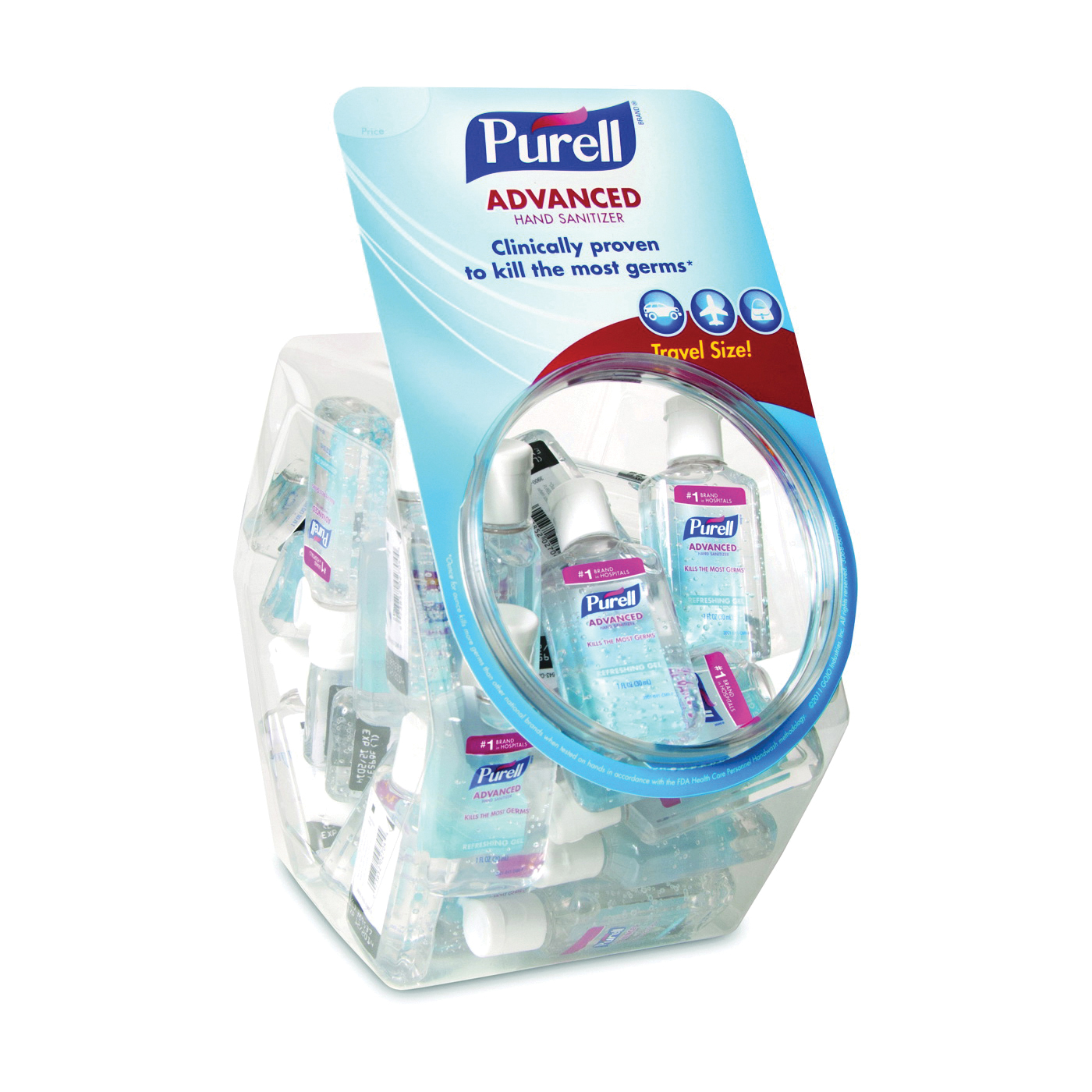 Purell Advanced Hand Sanitizer Refreshing Gel, 1 Oz Flip-Cap Bottle With Display Bowl, Clean Scent, 36/Bowl