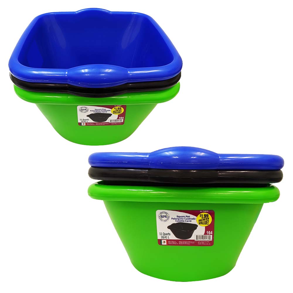 Square Plastic Dishpan- 11qt- 4 Assortments