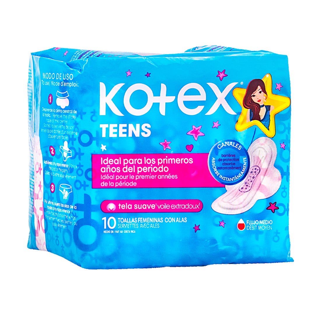 Kotex Toallas Sanitarias Teens Con Alas, 10 Uds