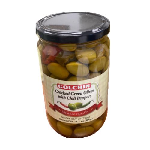 Overseas Food Dist Inc. Golchin Cracked Green Olives W/chili Peppers