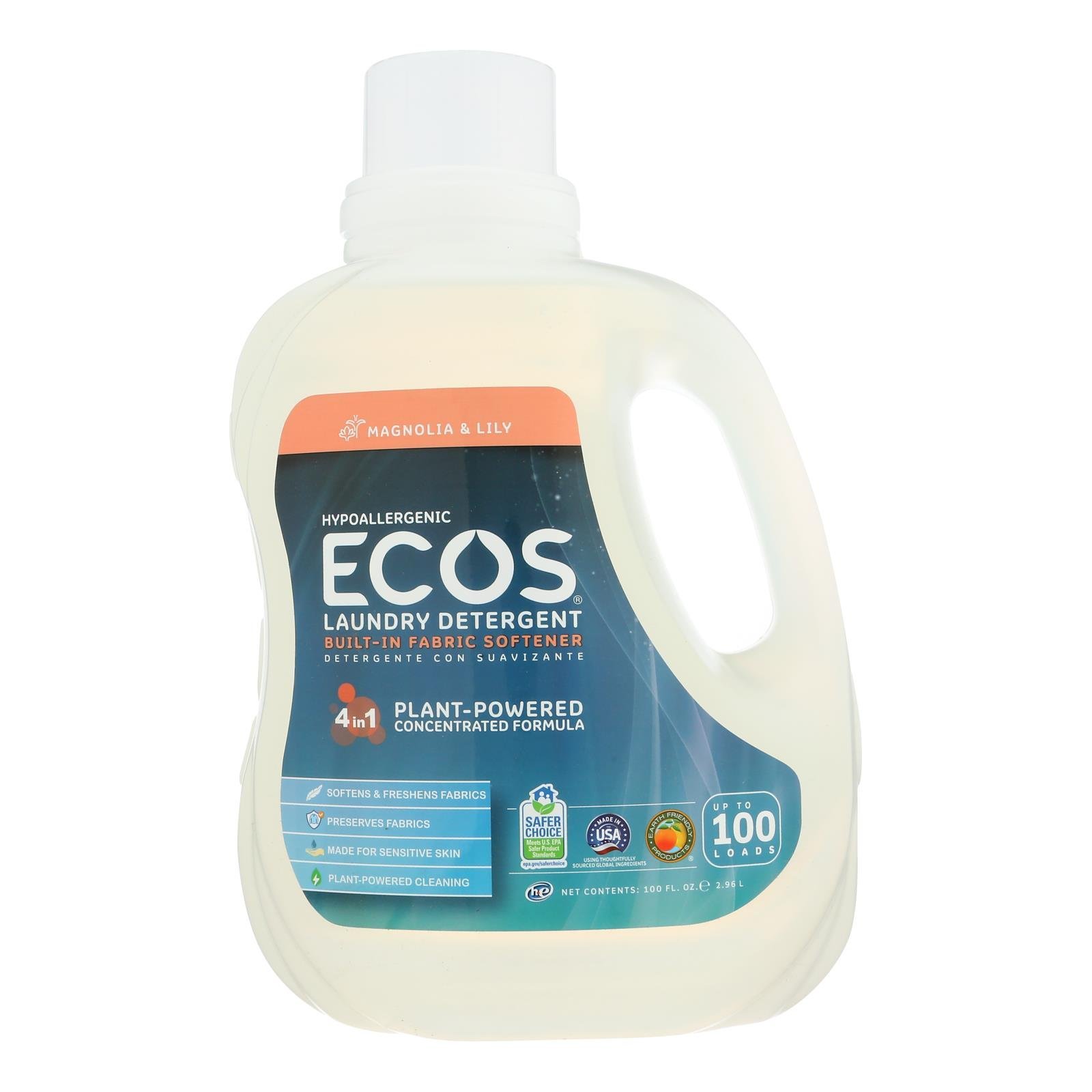 Ecos Earth Friendly 2X Ultra Liquid Laundry Detergent - Magnolia And Lily - Case Of 4 - 100 Fl Oz