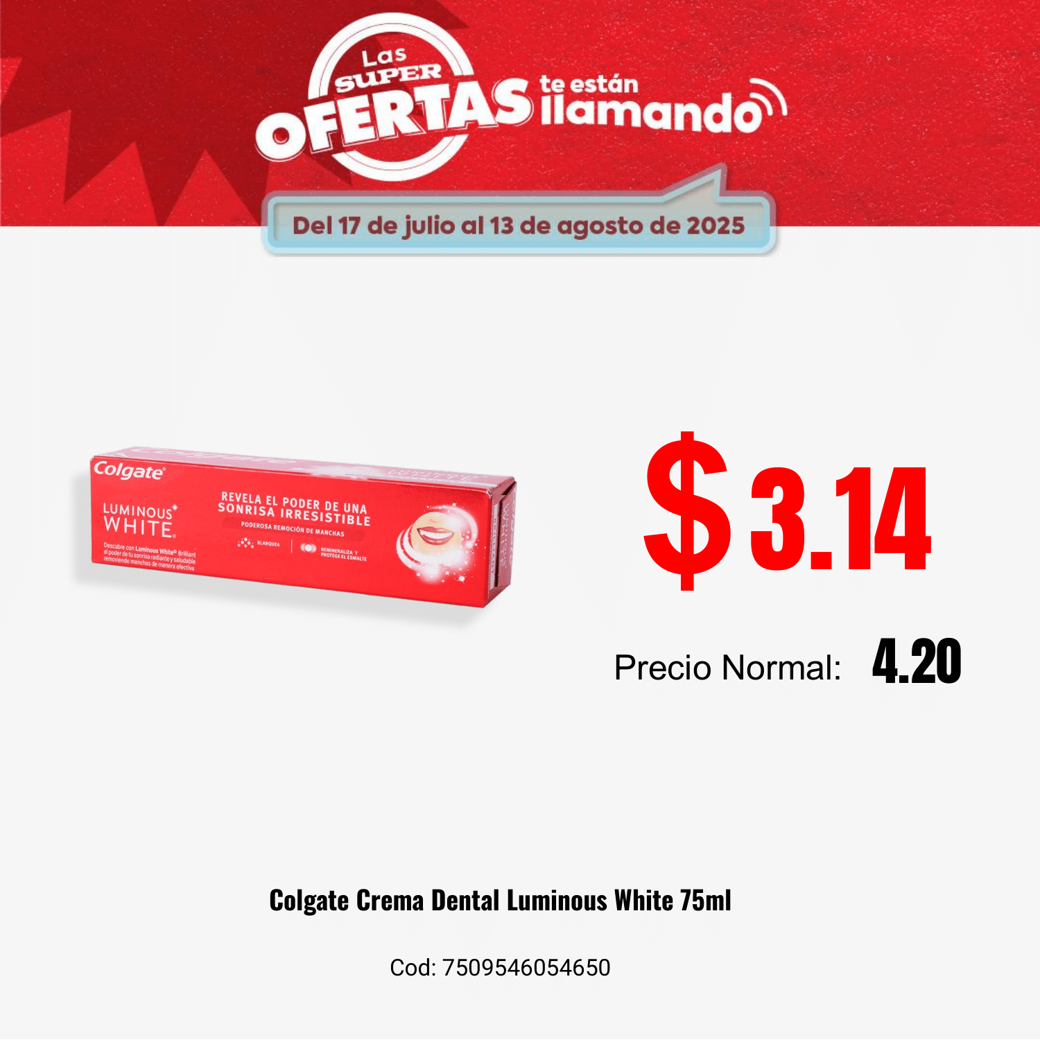 Colgate Pasta Dental Blanqueadora Luminous White Brilliant 75 Ml
