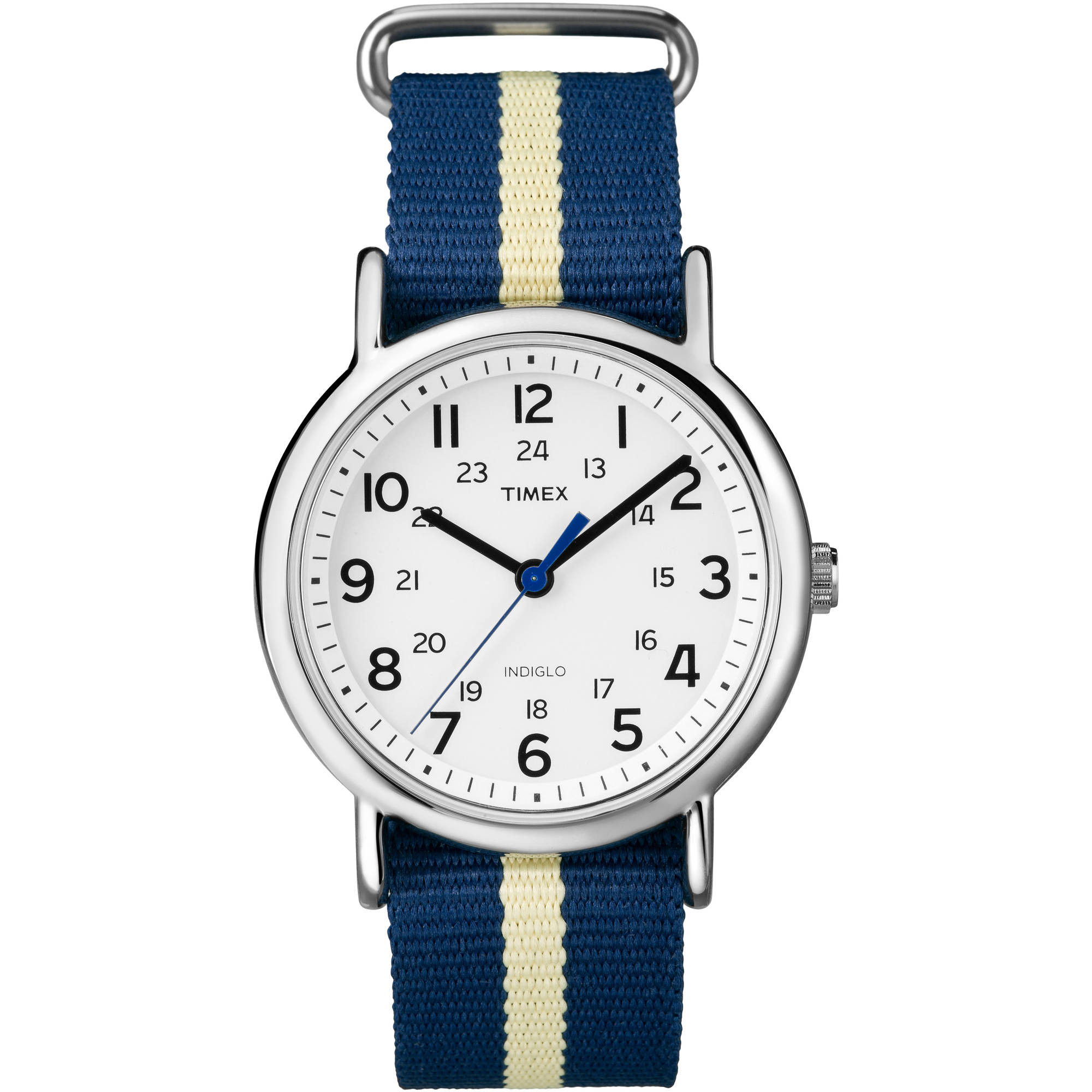 Timex Weekender Watch, Blue/Yellow Stripe Nylon Slip-Thru Strap
