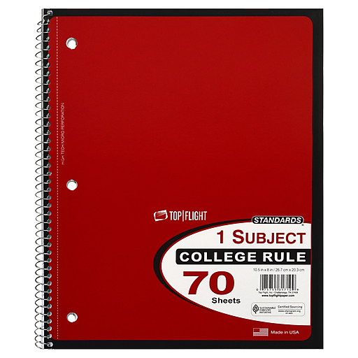 Top Flight Standards Notebook, 1 Subject, College Rule, 70 Sheets