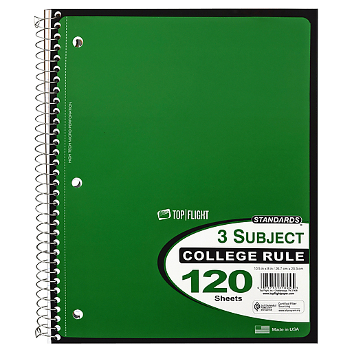 Top Flight Standards 120 Sheets 3 Subject College Rule Notebook