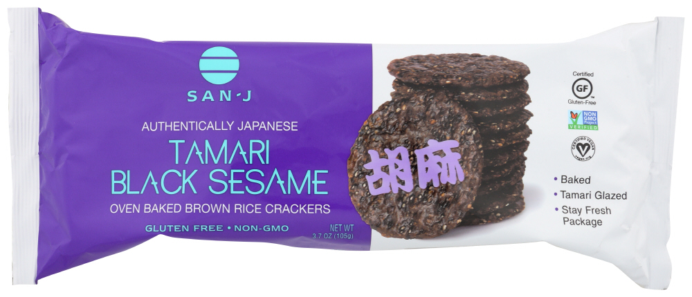 San-J Brown Rice Crackers - Black Sesame - Case Of 12 - 3.7 Oz
