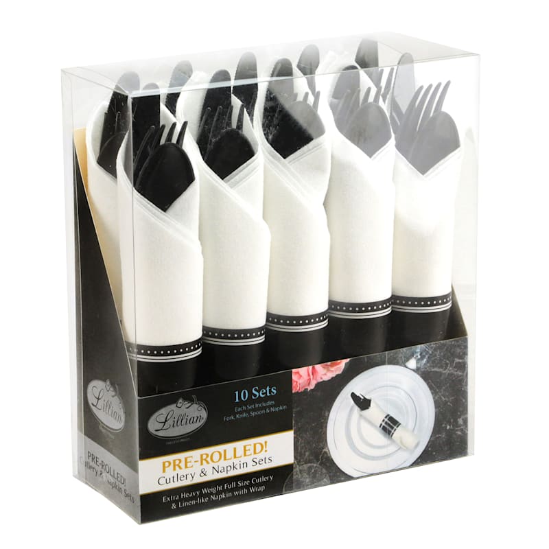 Lillian's Pre-rolled Black Cutlery With Napkin - Acetate Box - 10 Set