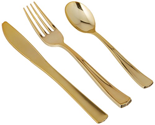 Plastic Cutlery Silverware Extra Heavyweight Disposable Flatware, Full Size Cutlery Combo, Gold, Value Pack