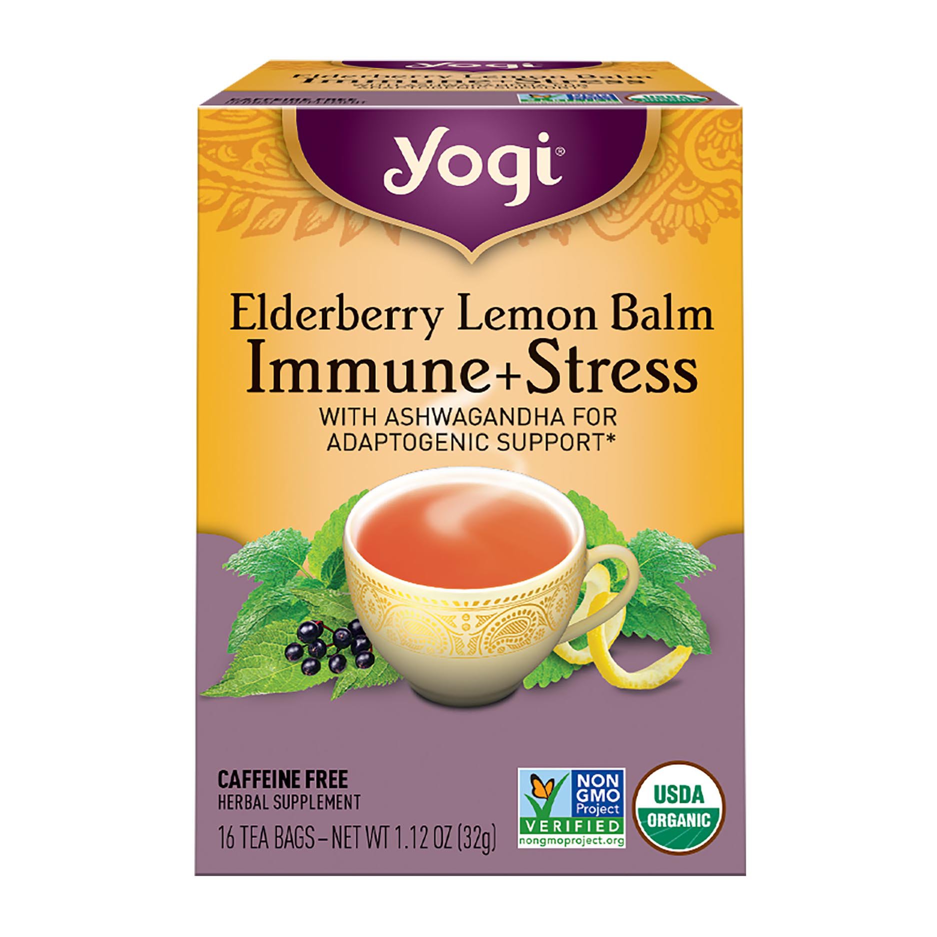 Yogi Elderberry Lemon Balm Immune Plus Stress Tea Bags, Caffeine Free