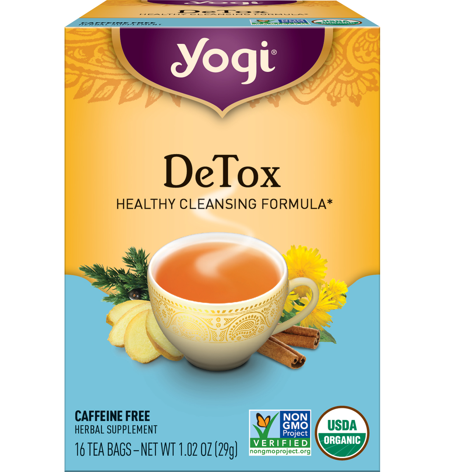 Yogi Organic Detox Caffeine Free Herbal Supplement Tea, 16 Tea Bags -- 6 Per Case
