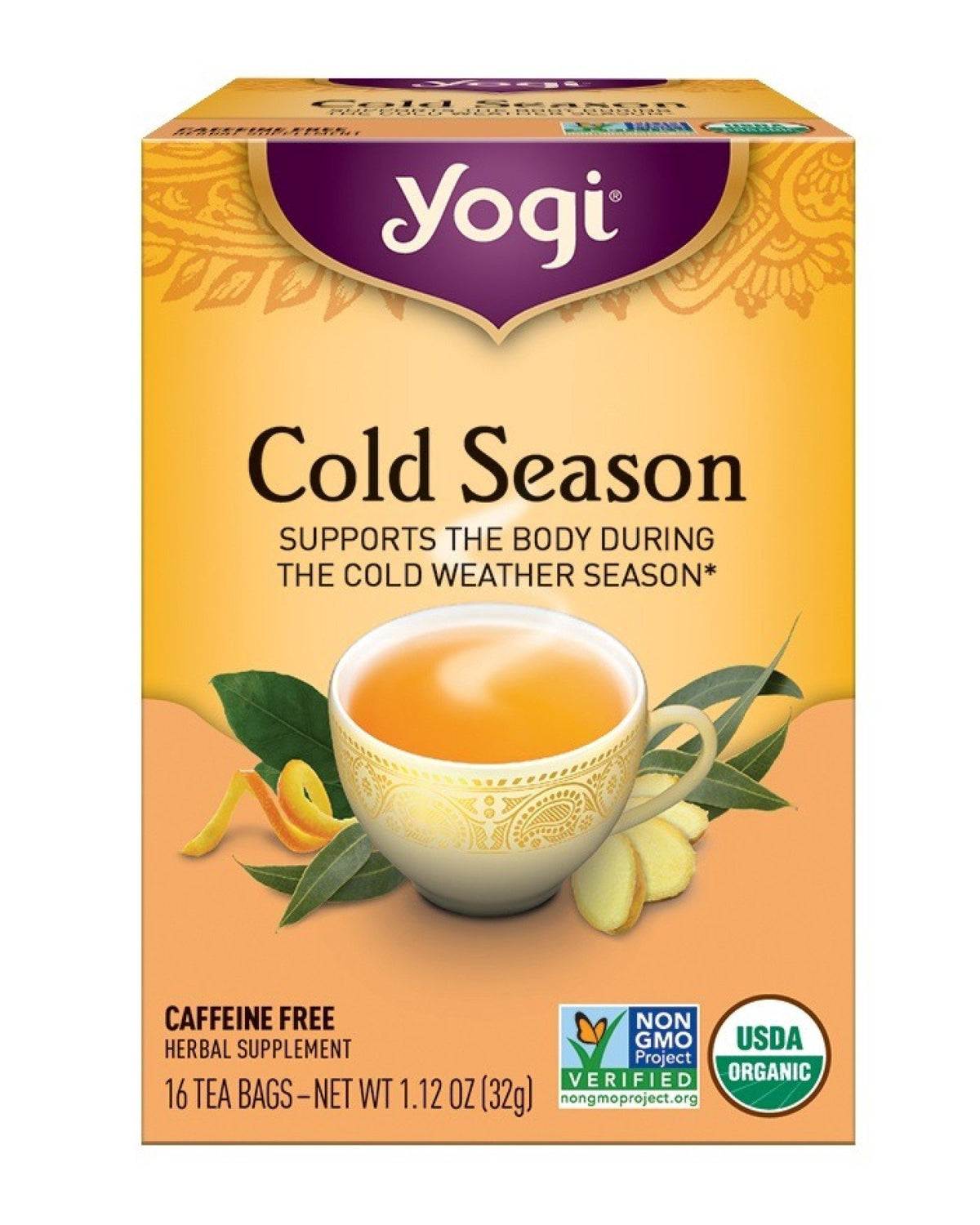 Yogi Organic Cold Season Caffeine Free Herbal Supplement Tea, 16 Tea Bags -- 6 Per Case