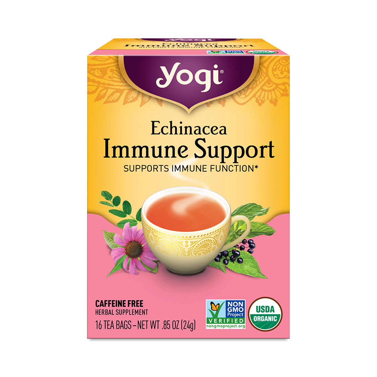 Yogi Organic Echinacea Immune Support Caffeine Free Herbal Supplement Tea, 16 Tea Bags -- 6 Per Case