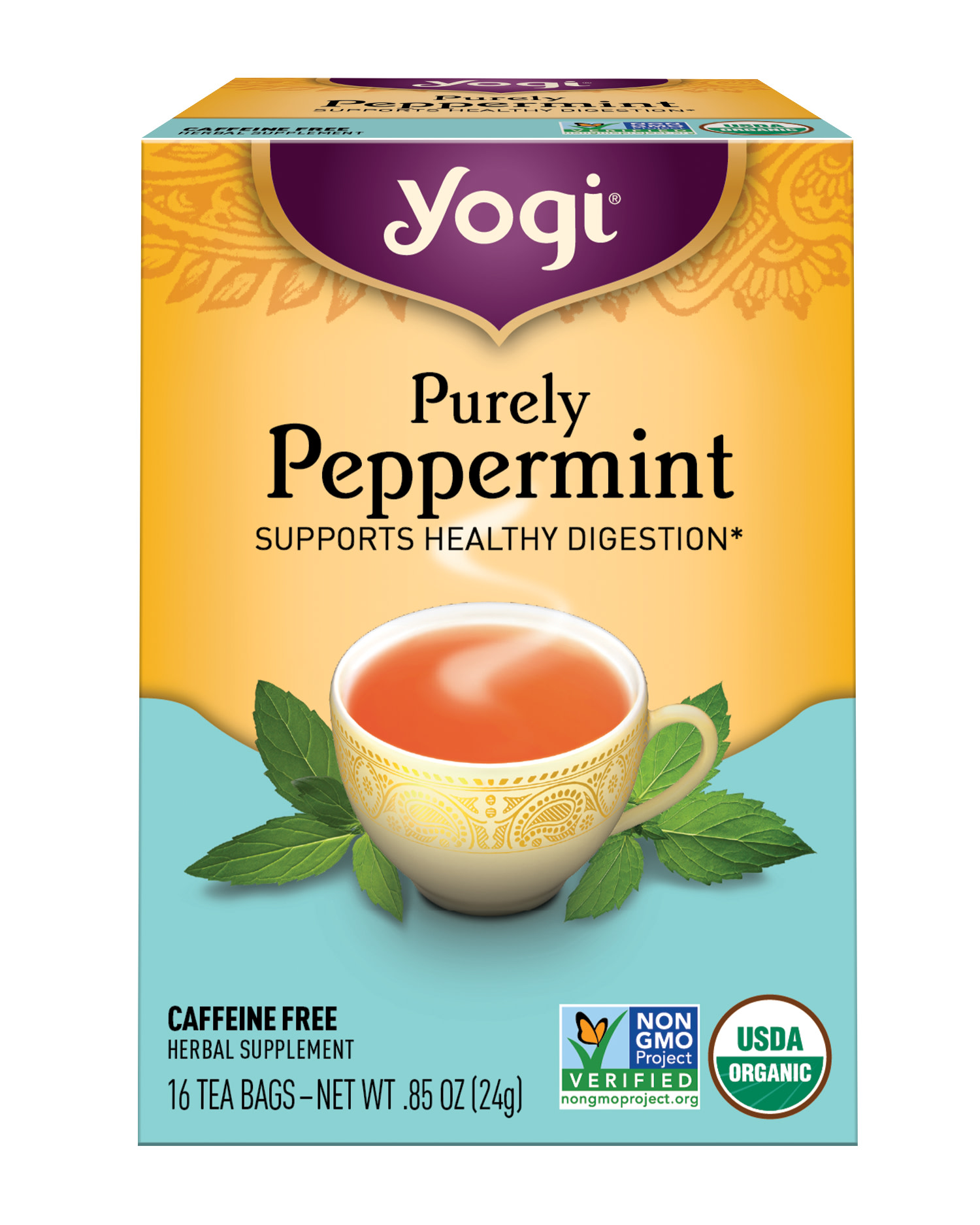 Yogi Organic Herbal Tea Caffeine Free Purely Peppermint By – 16 Bags, Case Of 6