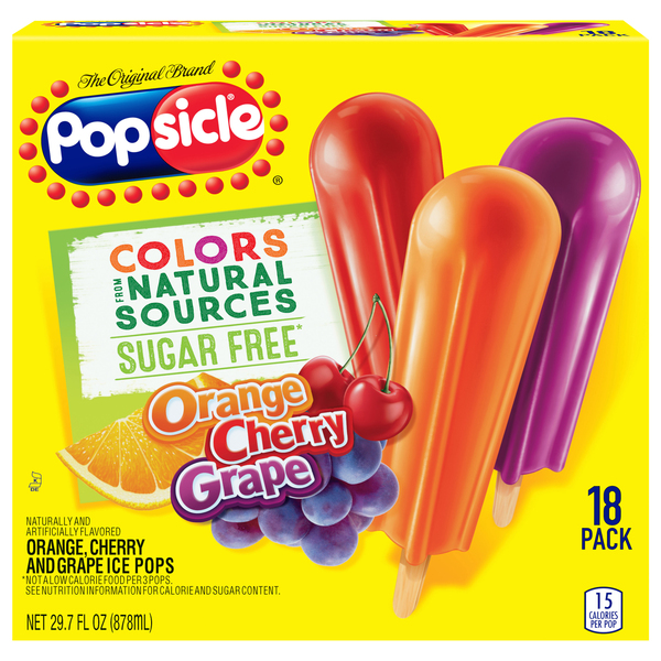 Popsicle Ice Pops, Sugar Free, Orange/Cherry/Grape, 18 Pack