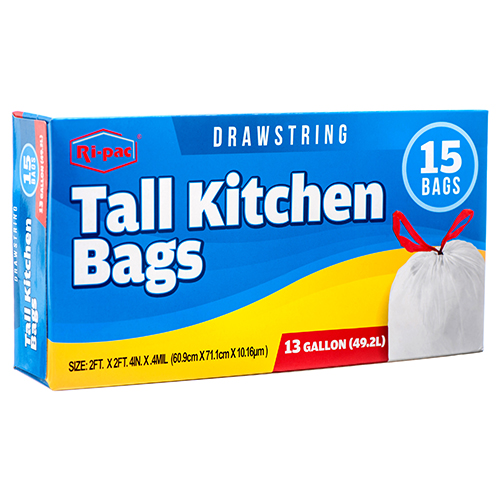RiPac Tall Kitchen Trash Bags W/ Drawstring 13 Gal 15ct